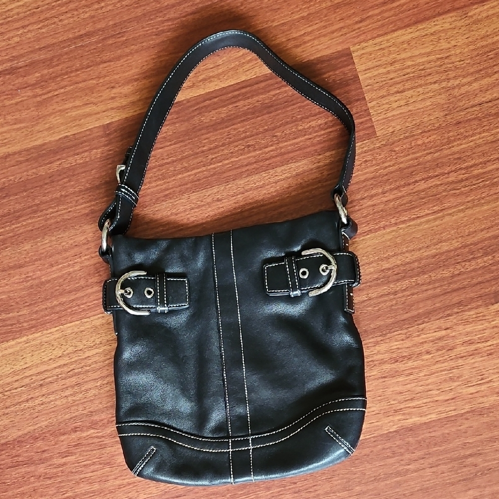 Vtg Coach Shouler Bag Black Leather Silver-tone Buckles White Stitching LIKE NEW